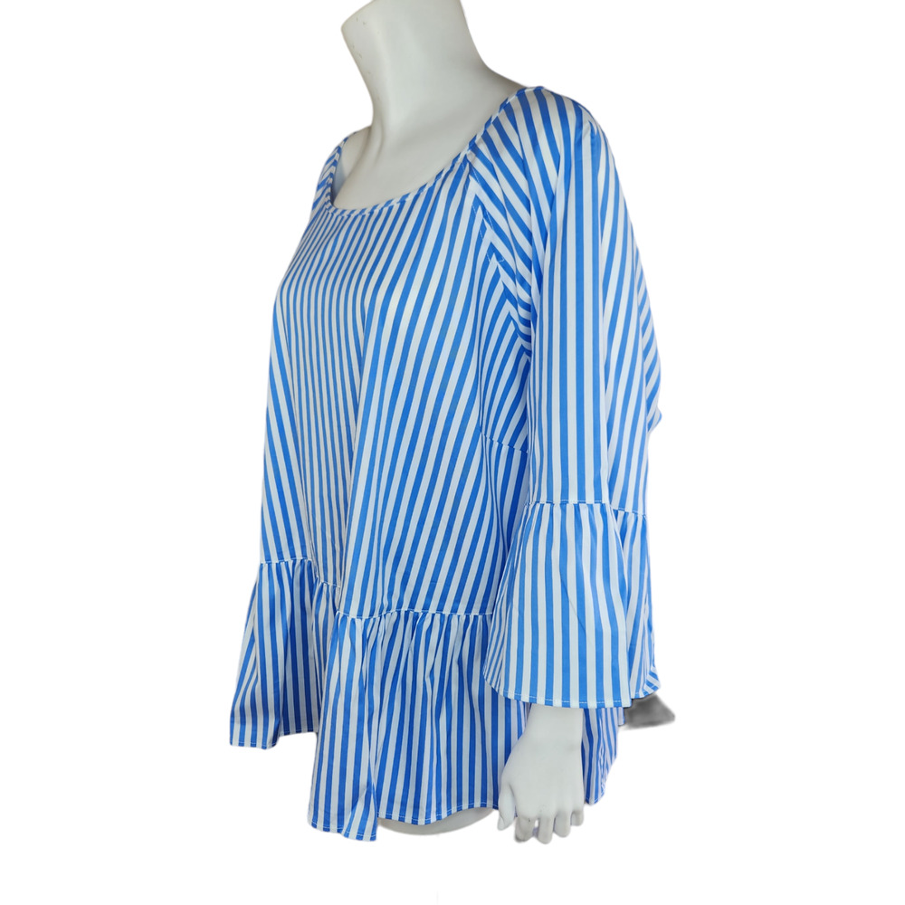 Lands End Popover Blouse Peplum Bell Sleeve Scoop Neck Striped Blue White 24W - Picture 3 of 11